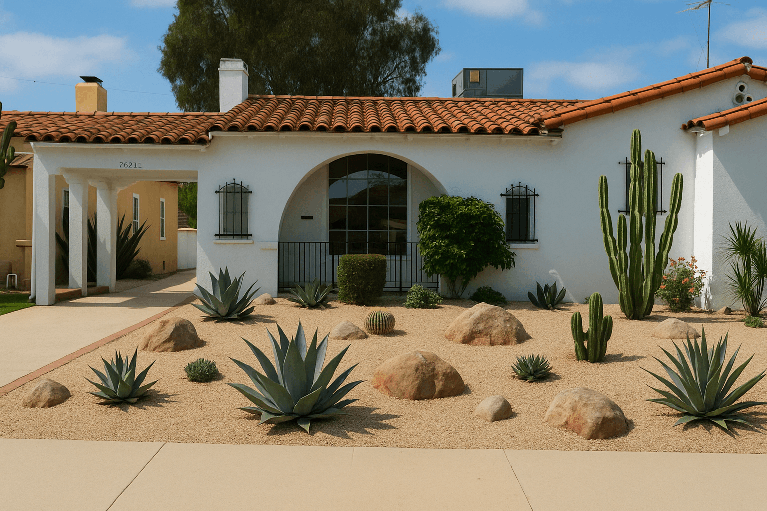 AI concept render of the same home with cactus and agave xeriscape landscaping