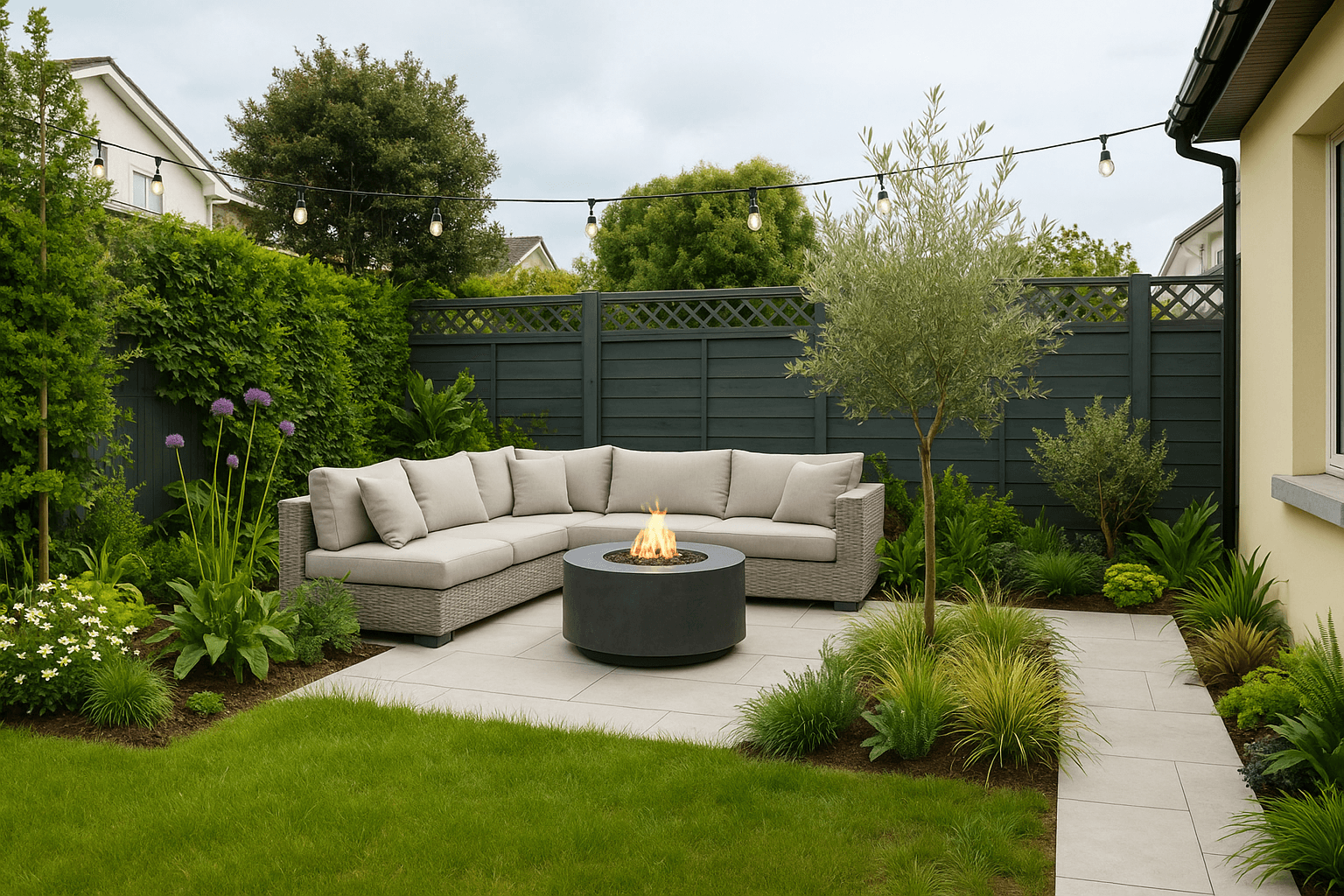 AI concept render of the same backyard with a modern lounge, fire pit, and refreshed landscaping