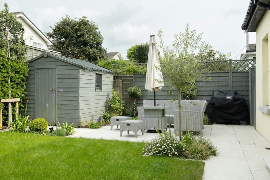 Backyard with a garden shed and plain patio